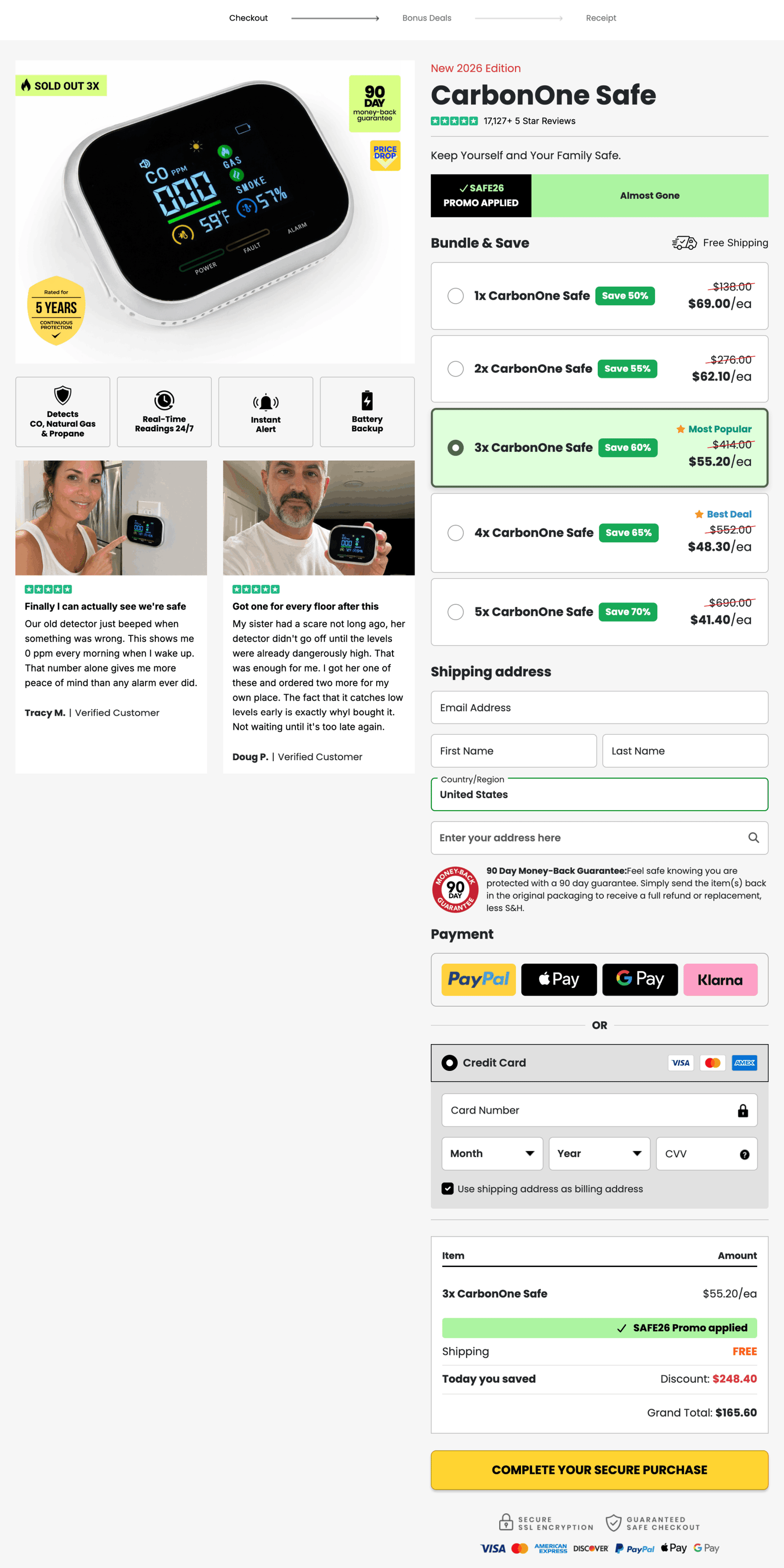 Carbon One Monoxide Detector 100% Secure Checkout page